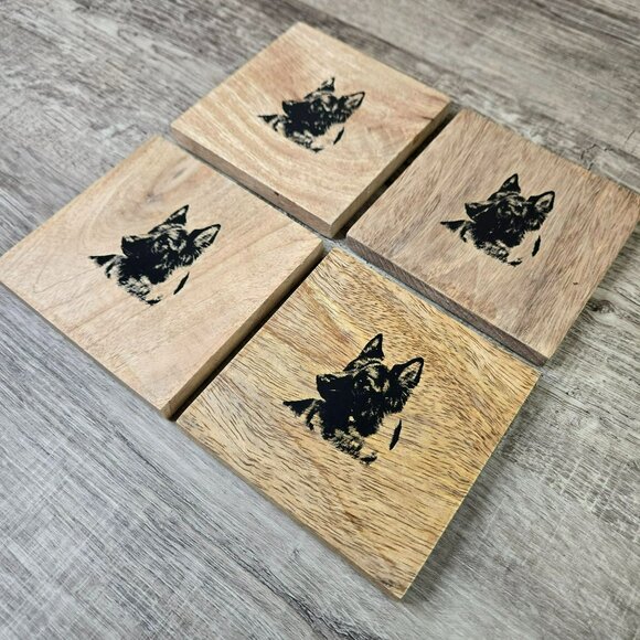 Handcrafted Wooden Coasters Set Of 4 With German Shepherd Dog GSD Print 4x4 - Picture 3 of 6